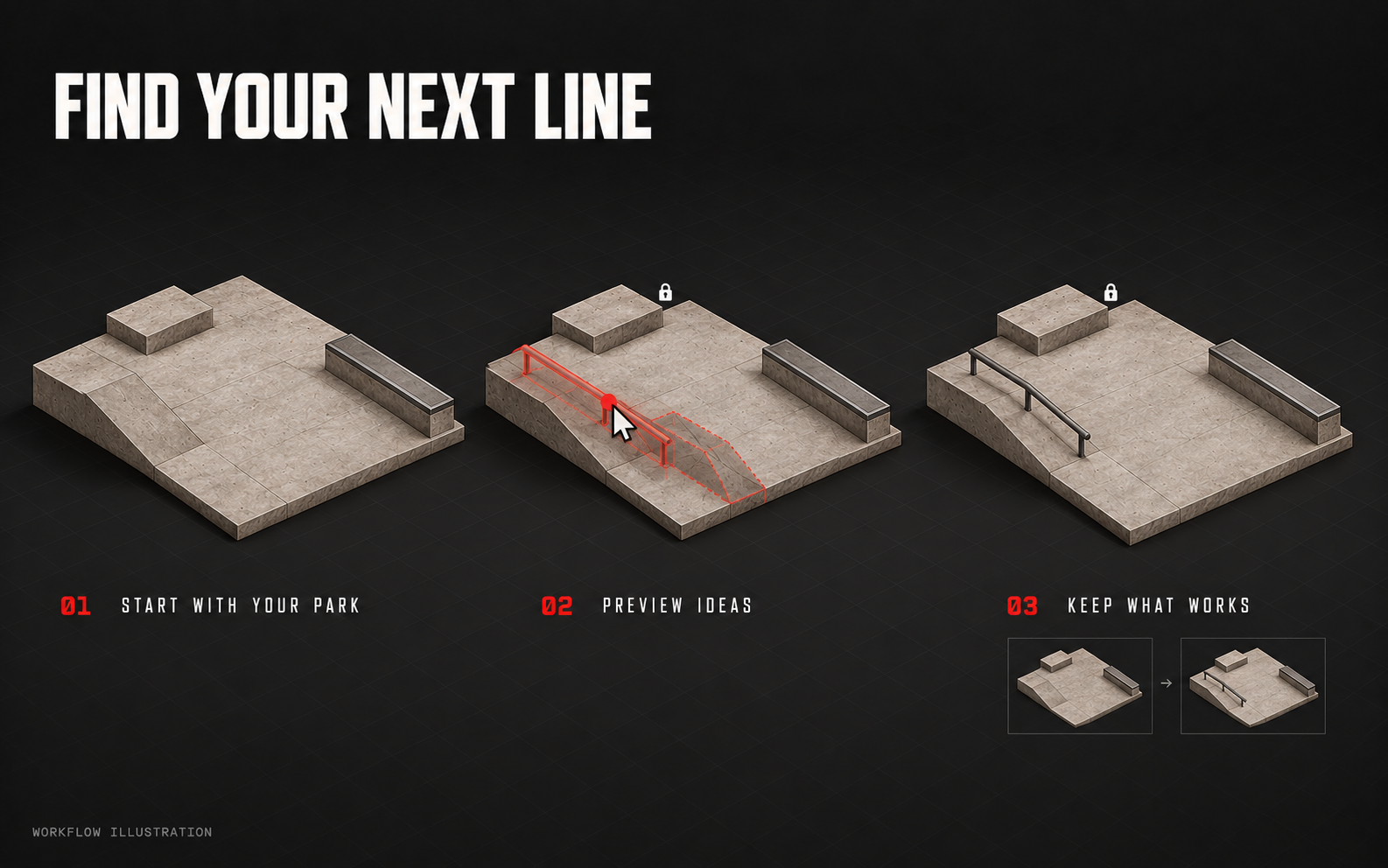 Smart Build previews a suggested rail while a locked piece stays fixed, then the creator keeps the useful change.